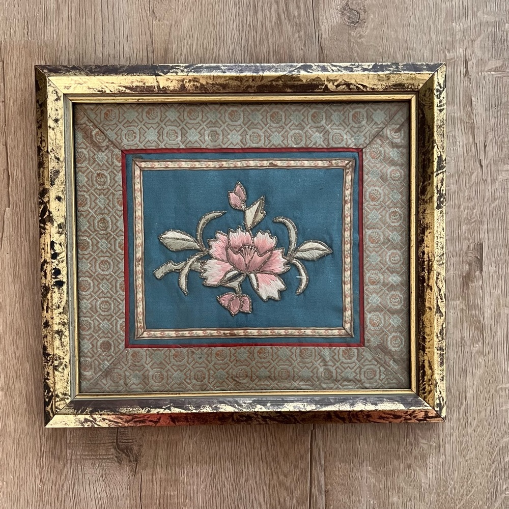 Antique Chinese Embroidered Framed Tapestry Fabric‎ Silk Pink Peony #1